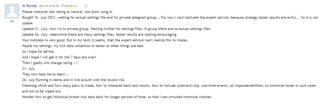 User review on MQL5.