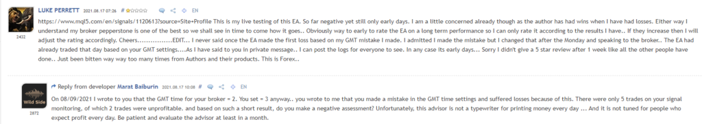 Customer testimonials on MQL5.