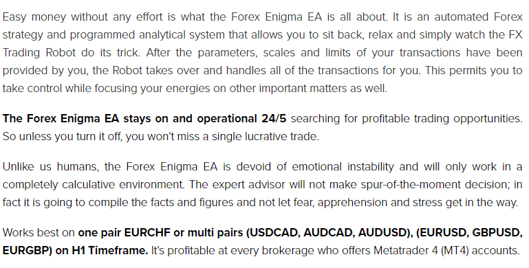 Features of Forex Enigma EA.