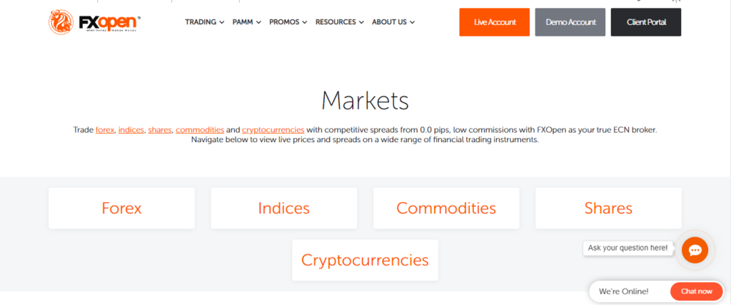 FxOpen - Range of markets