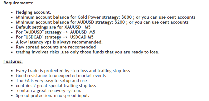 Features and requirements of Gold M Stops EA.