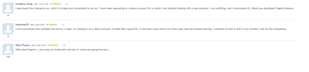 User reviews for Champion EA on MQL5.