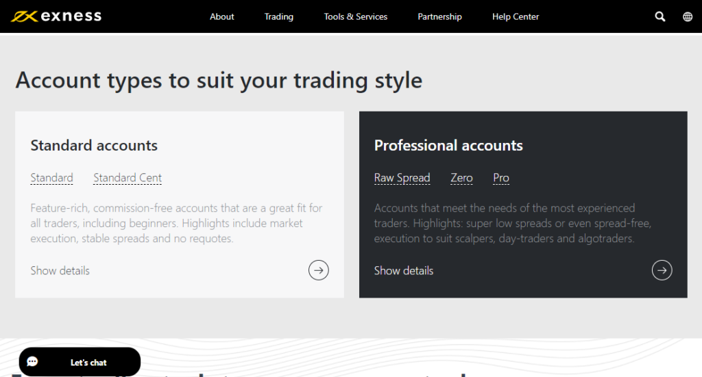 Exness - Types of trading accounts