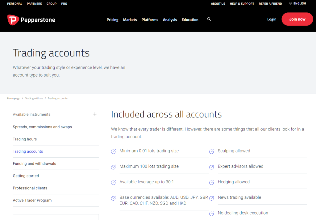 Pepperstone - Types of trading accounts