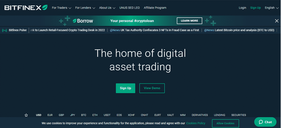 The Bitfinex home page.