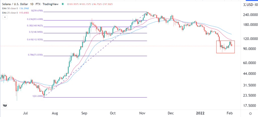 The daily SOLUSD price chart showing the signs of an impending bear trend