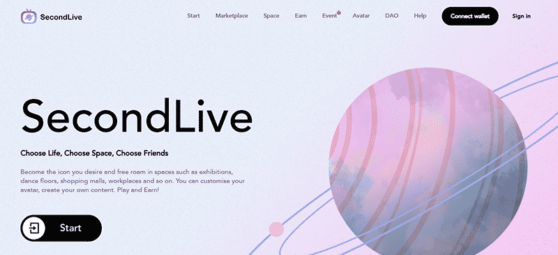 The SecondLive landing page.