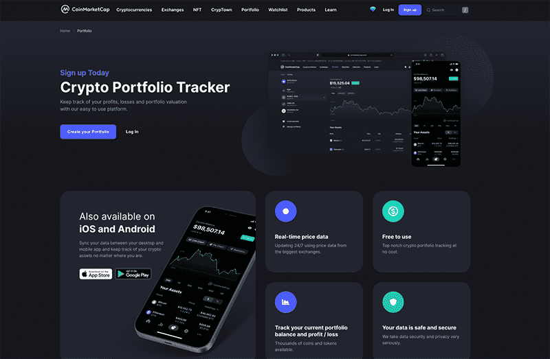 CoinMarketCap Portfolio Tracker’s homepage