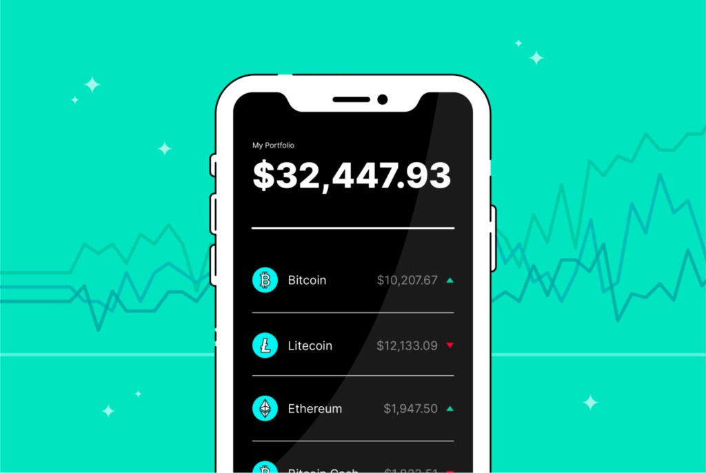 A black and white animated phone with a hypothetical collection of coins and portfolio value