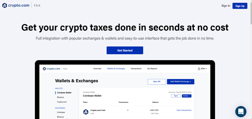 Crypto.com Tax start page