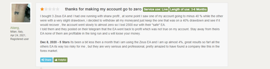 User review for Zeus EA on Forex Peace Army.